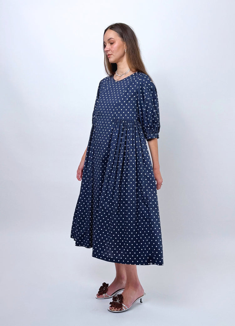 Happy All Day Dress - Navy Cotton Spots