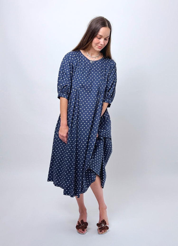 Happy All Day Dress - Navy Cotton Spots