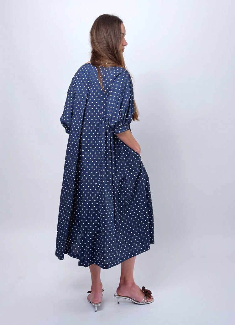 Happy All Day Dress - Navy Cotton Spots