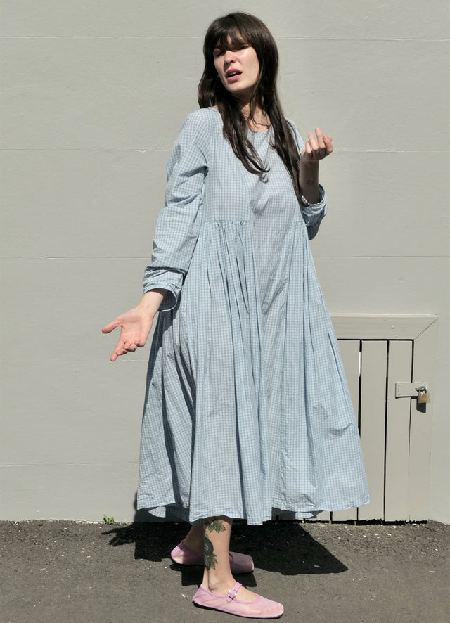 Happy All Night Dress - Pale Blue Check Cotton