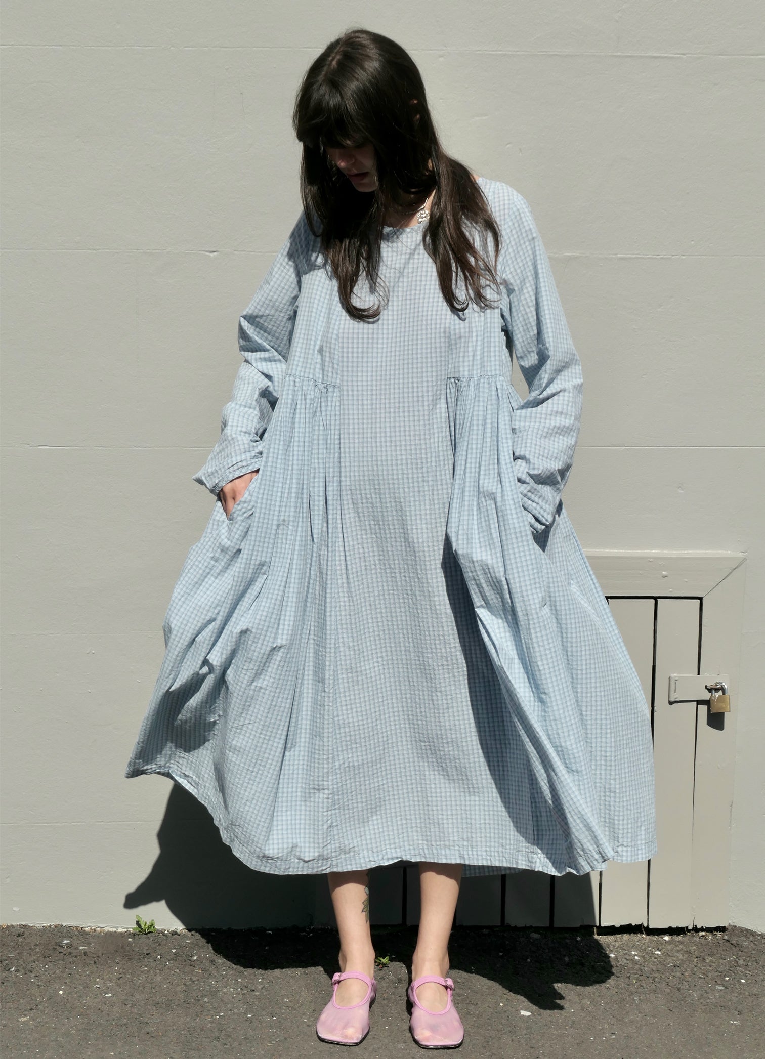 Happy All Night Dress - Pale Blue Check Cotton