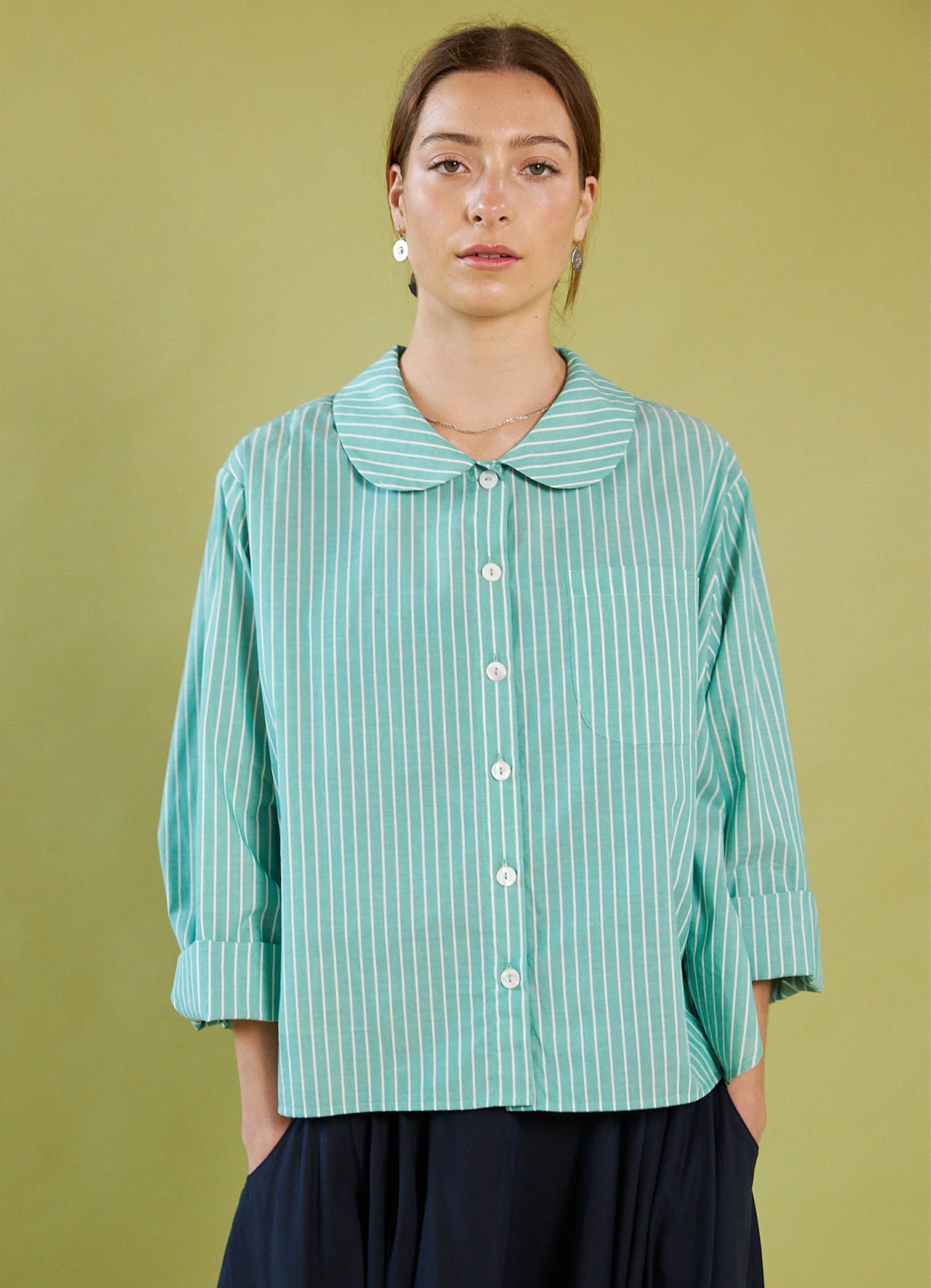 Peter Pan Shirt - Green Striped Cotton