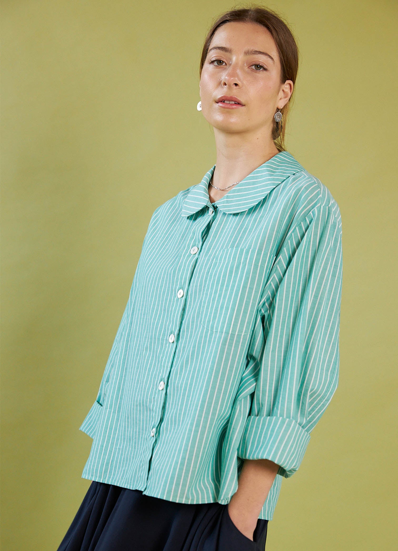 Peter Pan Shirt - Green Striped Cotton