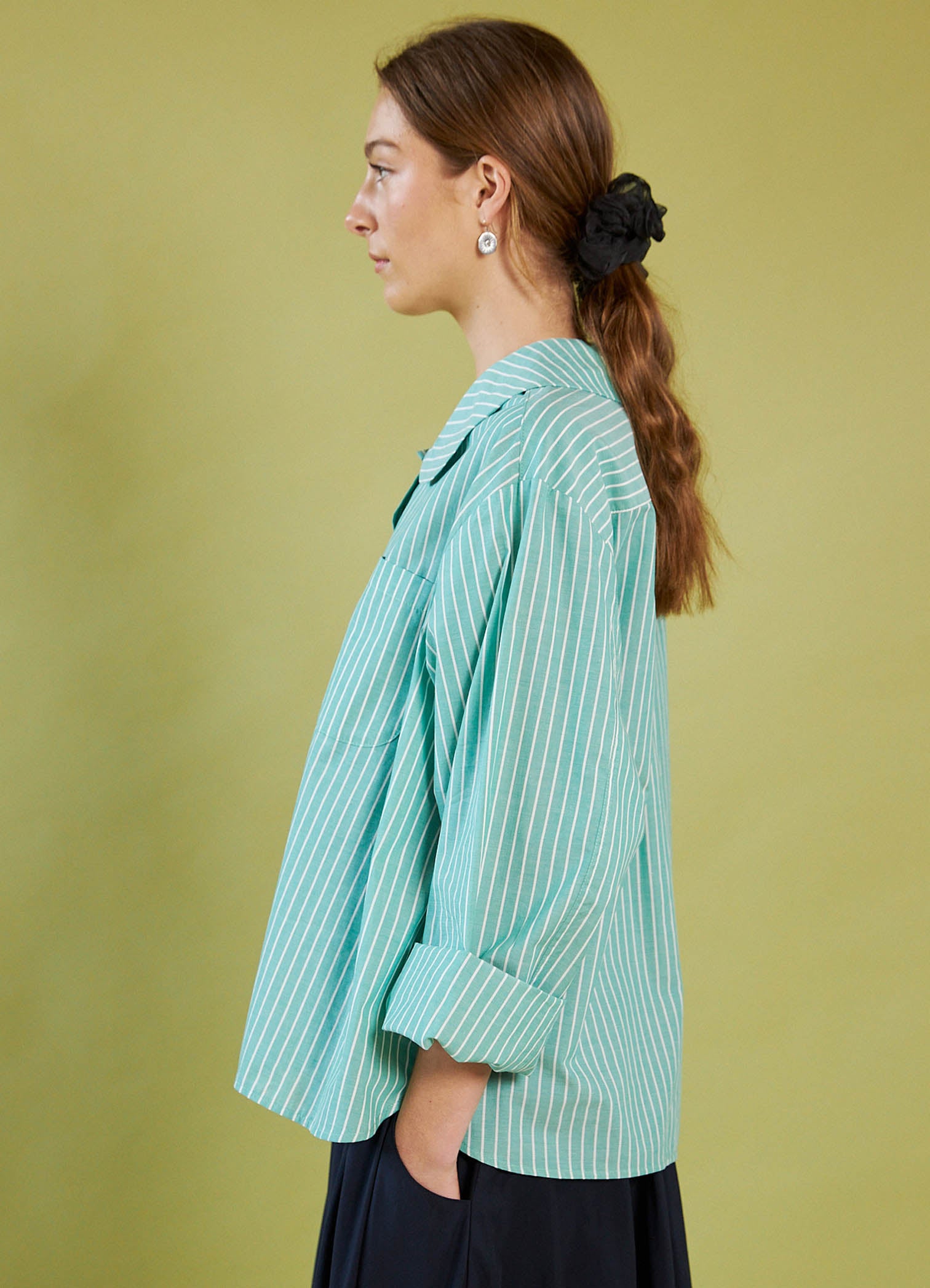 Peter Pan Shirt - Green Striped Cotton